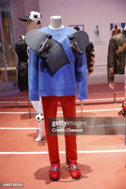 Creation for WW Anderson is displayed during "Mode Et Sport, D'un Podium A L'Autre" exhibition at Musee Des Arts Decoratifs on September 18, 2023 in...