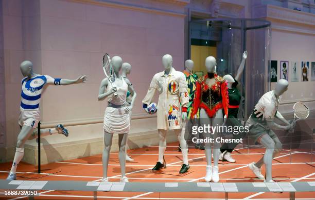 Creations by famous designers are displayed during "Mode Et Sport, D'un Podium A L'Autre" exhibition at Musee Des Arts Decoratifs on September 18,...