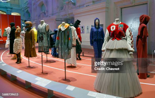 Creations by famous designers are displayed during "Mode Et Sport, D'un Podium A L'Autre" exhibition at Musee Des Arts Decoratifs on September 18,...