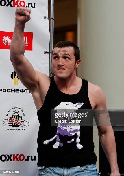 Denis Lebedev of Russia gestures during the official weigh-in for his fight against Guillermo Jones of Panama for the WBA cruiserweight title bout at...