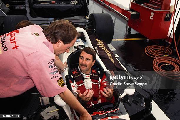 British racing driver Nigel Mansell at Phoenix International Raceway, during testing of the Lola T93/00 Newman Hass Indy car, Phoenix, Arizona,...