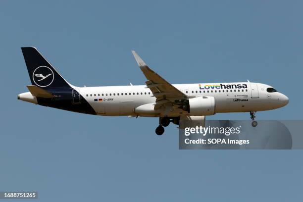 The Lufthansa "lovehansa" Airbus 320 NEO logojet landing at Frankfurt Rhein-Main international Airport. The Airbus A320neo with registration D-AINY,...
