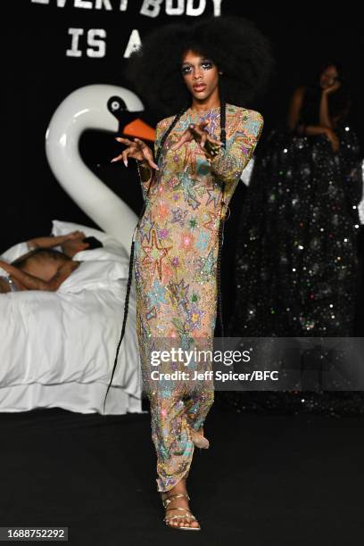 Model walks the runway at the Ashish show during London Fashion Week September 2023 at The Nobu Hotel on September 18, 2023 in London, England.