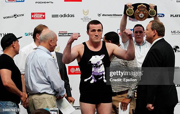 Denis Lebedev of Russia poses during the official weigh-in for his fight against Guillermo Jones of Panama for the WBA cruiserweight title bout at...