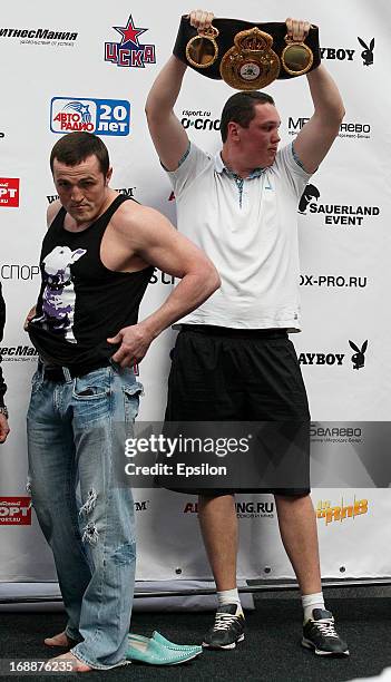 Denis Lebedev of Russia poses during the official weigh-in for his fight against Guillermo Jones of Panama for the WBA cruiserweight title bout at...