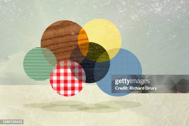 venn diagram made of photographic textures and geometric shapes - studio shot (digital comp image) stock pictures, royalty-free photos & images