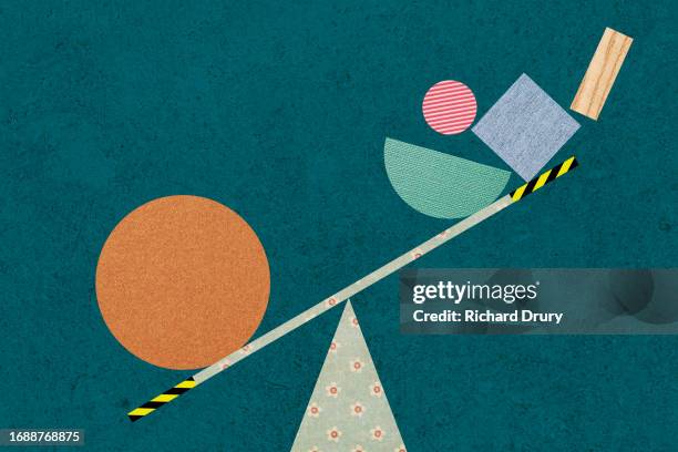 geometric shapes on a seesaw - lopsided stock pictures, royalty-free photos & images