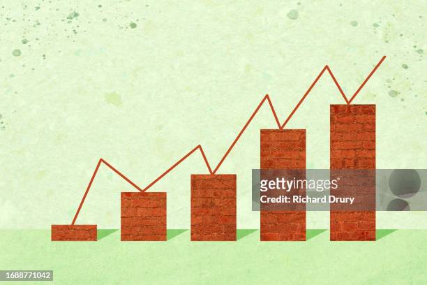 a rising bar graph made of bricks supporting a zigzag line - construction material stock pictures, royalty-free photos & images