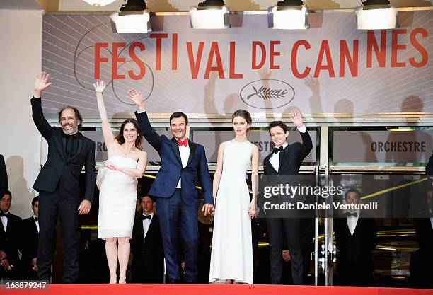 Actors Frederic Pierrot, Geraldine Pailhas, director Francois Ozon, actors Marine Vactha and Fantin Ravat attend the Premiere of 'Jeune & Jolie' at...
