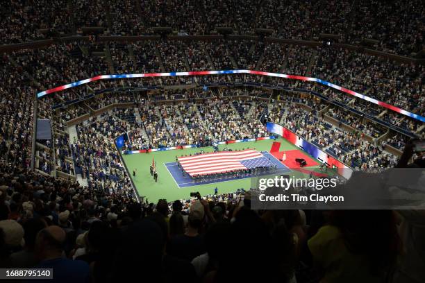September 9: A general view of the Stars and Stripes American flag being displayed on the court before the Coco Gauff of the United States match...