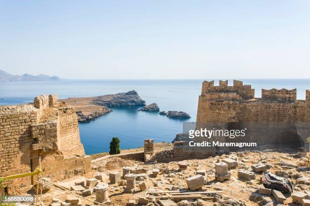 view of lindos bay from acropolis - rhodes,_new_south_wales stock pictures, royalty-free photos & images
