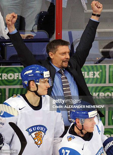 Finland's forward Jukka Jalonen celebrates a 4-3 victory during the quarter-final game Finland vs Slovakia of the IIHF International Ice Hockey World...