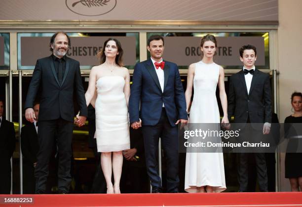 Actors Frederic Pierrot, Geraldine Pailhas, director Francois Ozon, actors Marine Vactha and Fantin Ravat attend the Premiere of 'Jeune & Jolie' at...