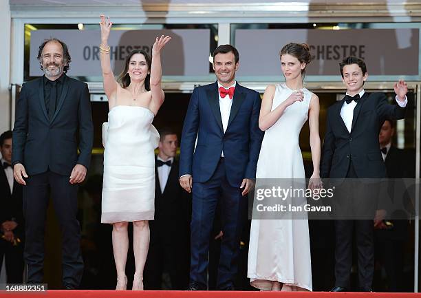 Actors Frederic Pierrot, Geraldine Pailhas, director Francois Ozon, Marine Vacth and Fantin Ravat attend the 'Jeune & Jolie' premiere during The 66th...