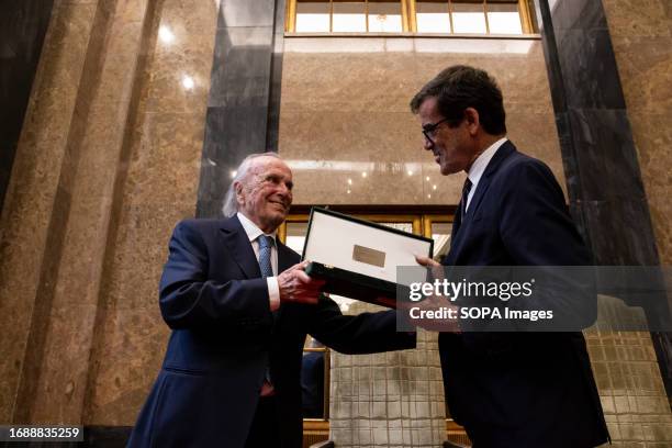 Rui Moreira, president of Porto City Council hands over the Keys of the City of Porto to Francisco Pinto Balsemão founder of the Imprensa group seen...