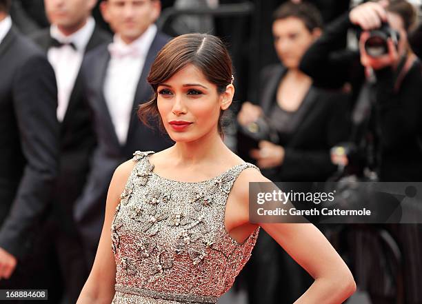 Actress Frieda Pinto attends the 'Jeune & Jolie' premiere during The 66th Annual Cannes Film Festival at the Palais des Festivals on May 16, 2013 in...