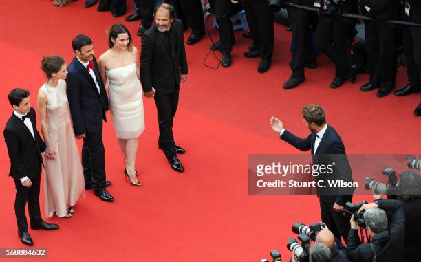 Actors Fantin Ravat, Marine Vacth, director Francois Ozon, actors Geraldine Pailhas and Frederic Pierrot attend the 'Jeune & Jolie' premiere during...