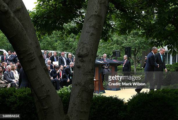 President Barack Obama and Prime Minister Recep Tayyip Erdogan of Turkey walk away after speaking to the media in the Rose Garden at the White House,...