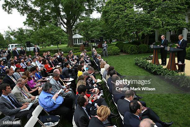 President Barack Obama and Prime Minister Recep Tayyip Erdogan of Turkey speak to the media in the Rose Garden at the White House, May 16, 2013 in...