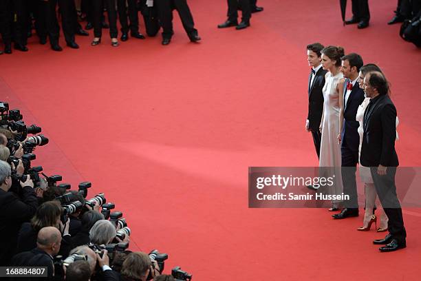 Actors Fantin Ravat, Marine Vacth, director Francois Ozon, actors Geraldine Pailhas and Frederic Pierrot attend the 'Jeune & Jolie' premiere during...