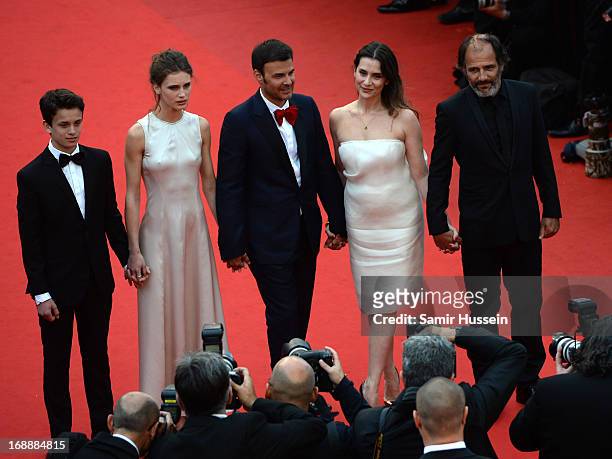 Actors Fantin Ravat, Marine Vacth, director Francois Ozon, actors Geraldine Pailhas and Frederic Pierrot attend the 'Jeune & Jolie' premiere during...