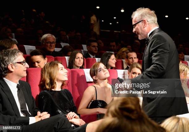 Director Sofia Coppola and actress Emma Watson speak with Cannes Festival Artistic Director Thierry Fremaux at 'The Bling Ring' premiere during The...
