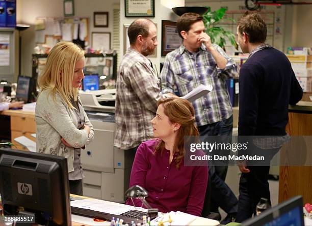 Actress Angela Kinsey and Jenna Fischer are photographed for USA Today on the set of 'The Office' on February 5, 2013 in Van Nuys, California.
