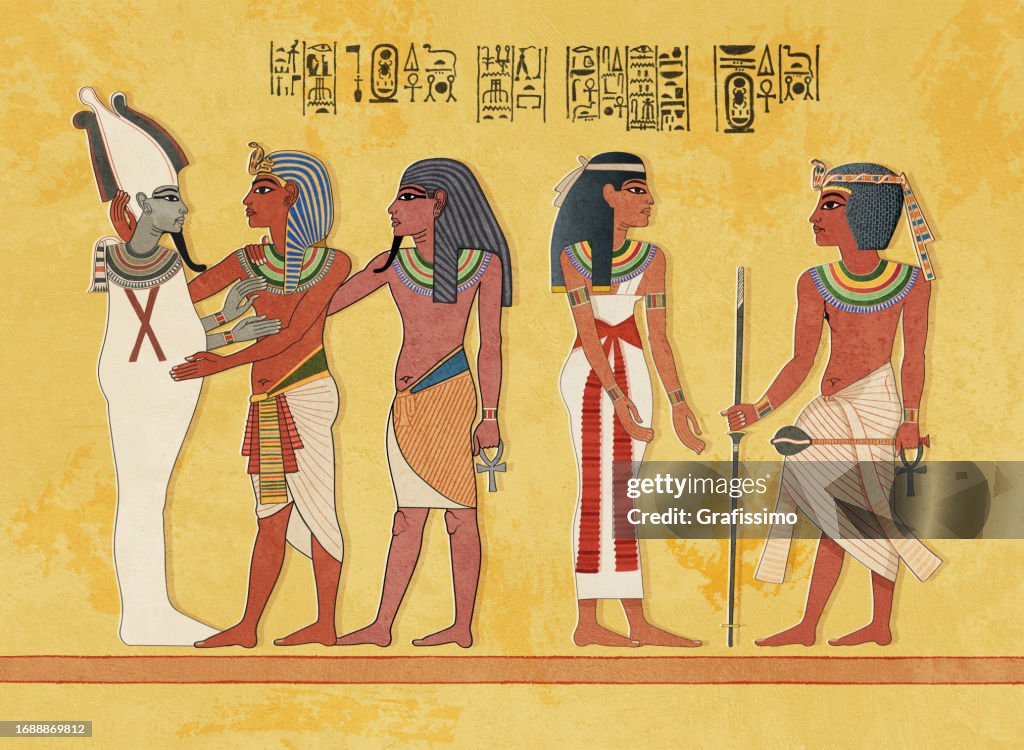 Pharaoh Tutankhamen embracing Osiris and greeting
goddess Nut illustration
