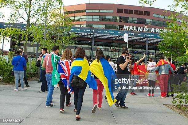 Fans arrive for the second semi final of the Eurovision Song Contest 2013 at Malmo Arena on May 16, 2013 in Malmo, Sweden.
