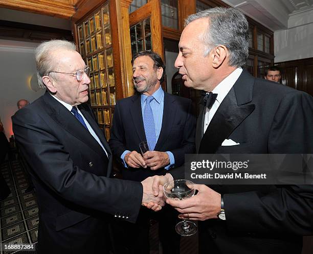 Sir David Frost, Sir Rocco Forte and Ambassador Alain Giorgio Maria Economides attend the 175th Anniversary party of Brown's Hotel at Rocco Forte's...