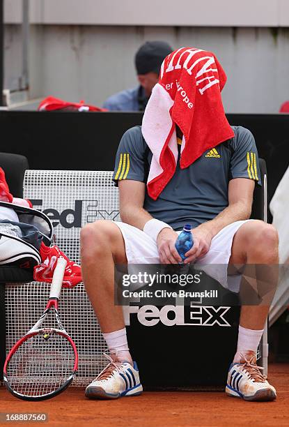 Ernests Gulbis of Latvia shows his dejection against Rafael Nadal of Spain in their third round match during day five of the Internazionali BNL...