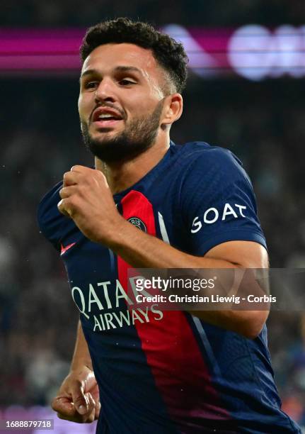 Gonçalo Ramos celebrate of Paris Saint-Germain runs with the ball during the Ligue 1 Uber Eats match between Paris Saint-Germain and Olympique de...