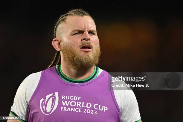 Finlay Bealham of Ireland looks on during the Rugby World Cup France 2023 match between Ireland and Tonga at Stade de la Beaujoire on September 16,...