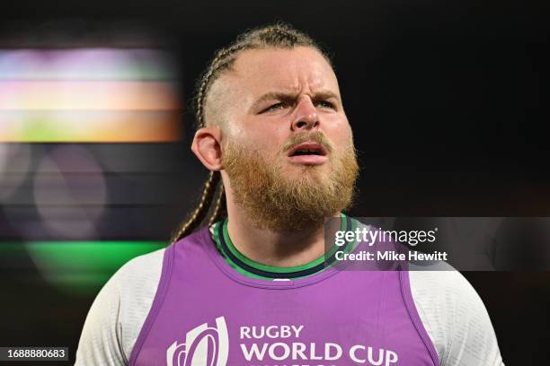 Finlay Bealham of Ireland looks on during the Rugby World Cup France 2023 match between Ireland and Tonga at Stade de la Beaujoire on September 16,...