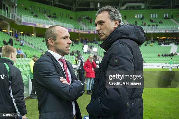 Coach Alfred Schreuder of FC Twente, Coach Robbert Maaskant of FC Groningen during the Eredivisie Europa League Playoff match between FC Groningen...