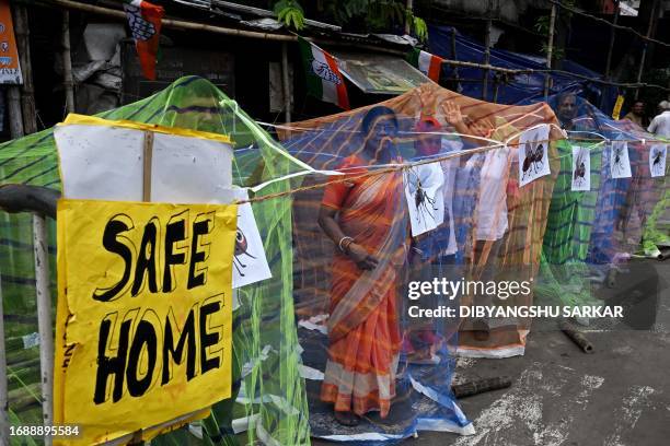 Members of the Indian National Congress party hold banners as they stand under mosquito nets during a protest along a roadside in Kolkata on...
