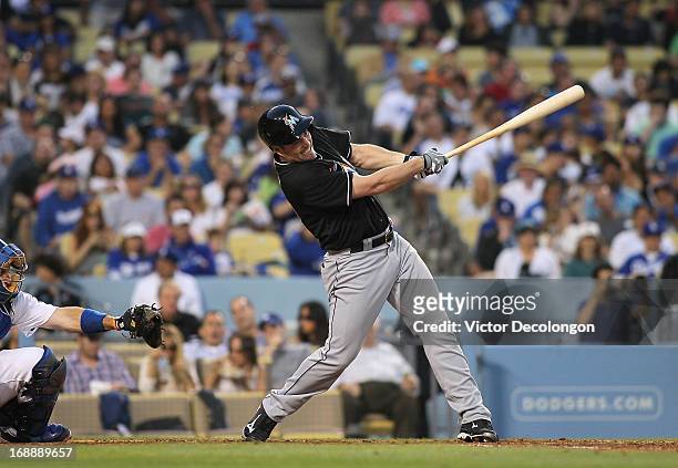 Matt Diaz of the Miami Marlins bats during the MLB game against the Los Angeles Dodgers at Dodger Stadium on May 11, 2013 in Los Angeles, California....