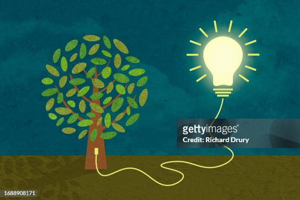 a lightbulb plugged into a tree - green energy icons stock pictures, royalty-free photos & images