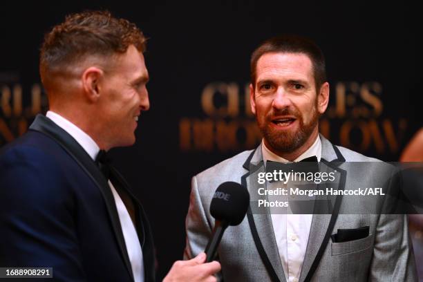 Mitch Robinson interviews Jason Akermanis during the 2023 Brownlow Medal at Crown Palladium on September 25, 2023 in Melbourne, Australia.