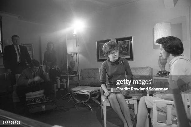 American broadcast journalist Barbara Walters conducts an interview, New York, 1966.