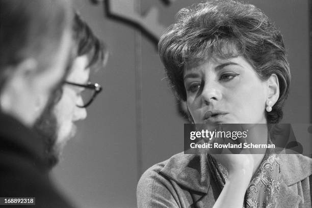 Close-up of American broadcast journalist Barbara Walters as she interviews an unidentified guest on the set of the 'Today' show, New York, New York,...