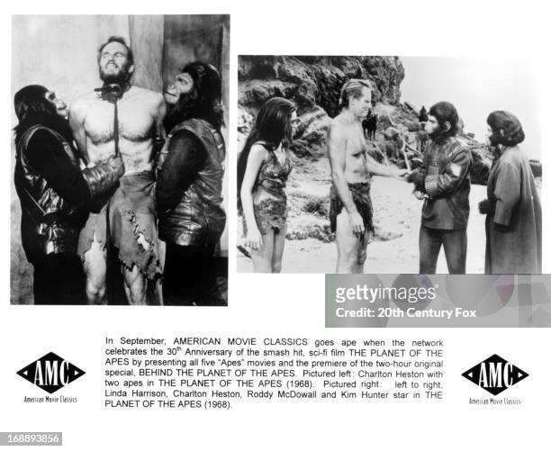 Linda Harrison, Charlton Heston, Roddy McDowall and Kim Hunter in various scenes from the film 'Planet Of The Apes', 1968.