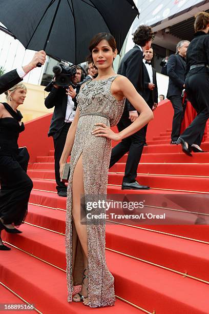 Actress Frieda Pinto attends the 'Jeune & Jolie' premiere during The 66th Annual Cannes Film Festival at the Palais des Festivals on May 16, 2013 in...