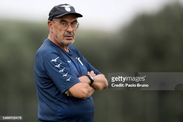 Lazio head coach Maurizio Sarri during a training session, ahead of their UEFA Champions League group stage match against Atletico Madrid, at...