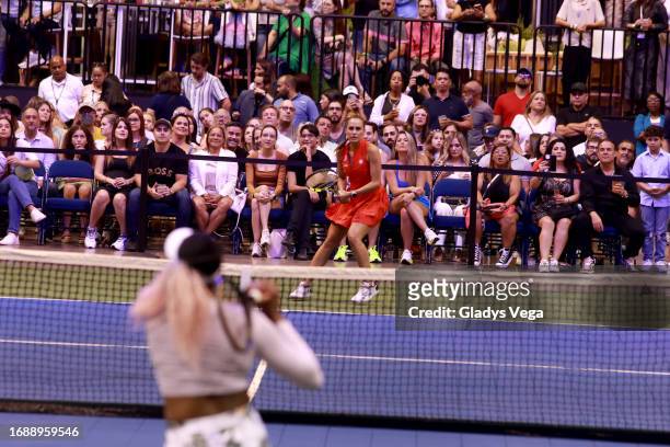 Mónica Puig returns the ball during her Exhibition Match with Venus Williams at Coliseo de Puerto Rico José Miguel Agrelot on September 15, 2023 in...