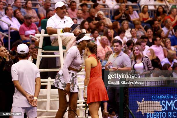 Mónica Puig and Venus Williams interact during their Exhibition Match at Coliseo de Puerto Rico José Miguel Agrelot on September 15, 2023 in San...