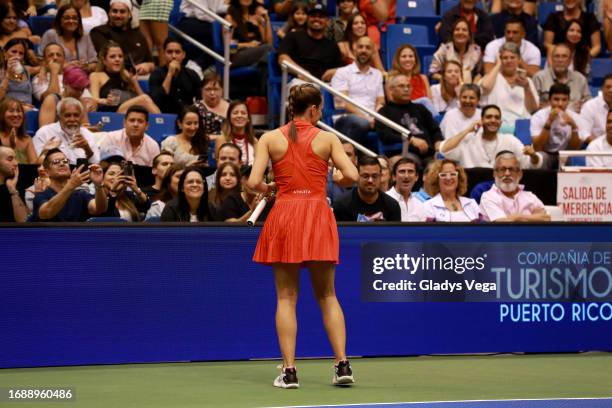 Mónica Puig reacts during her Exhibition Match with Venus Williams at Coliseo de Puerto Rico José Miguel Agrelot on September 15, 2023 in San Juan,...