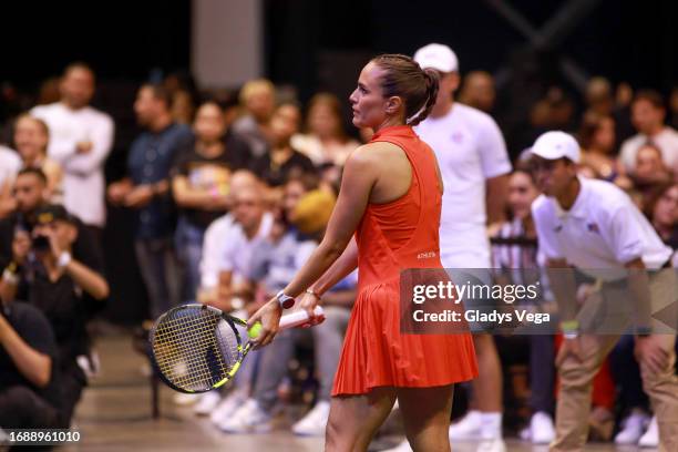Mónica Puig serves the ball during her Exhibition Match with Venus Williams at Coliseo de Puerto Rico José Miguel Agrelot on September 15, 2023 in...