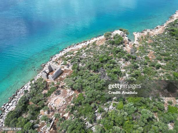 An aerial view of the Orata Island which is being restored under the support of the Turkish Ministry of Culture and Tourism, Mugla Sitki Kocman...