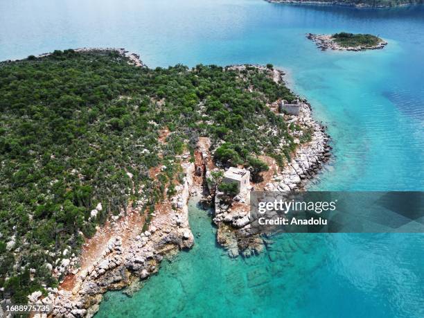 An aerial view of the Orata Island which is being restored under the support of the Turkish Ministry of Culture and Tourism, Mugla Sitki Kocman...